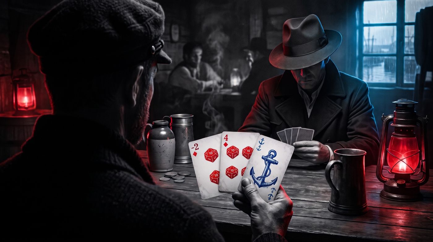Una mano de cartas con un −2, un 4 y un ancla, en una taberna de puerto