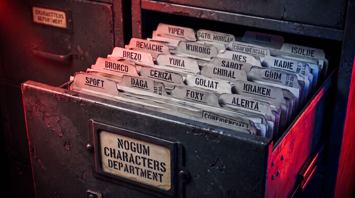 Un archivador abierto con las fichas de los personajes