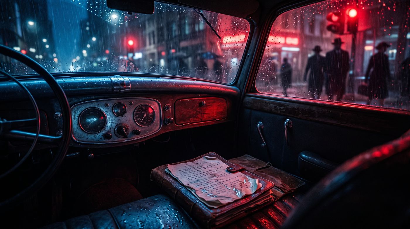 Desde un coche aparcado bajo la lluvia, con un cuaderno en el asiento, se vigila la calle