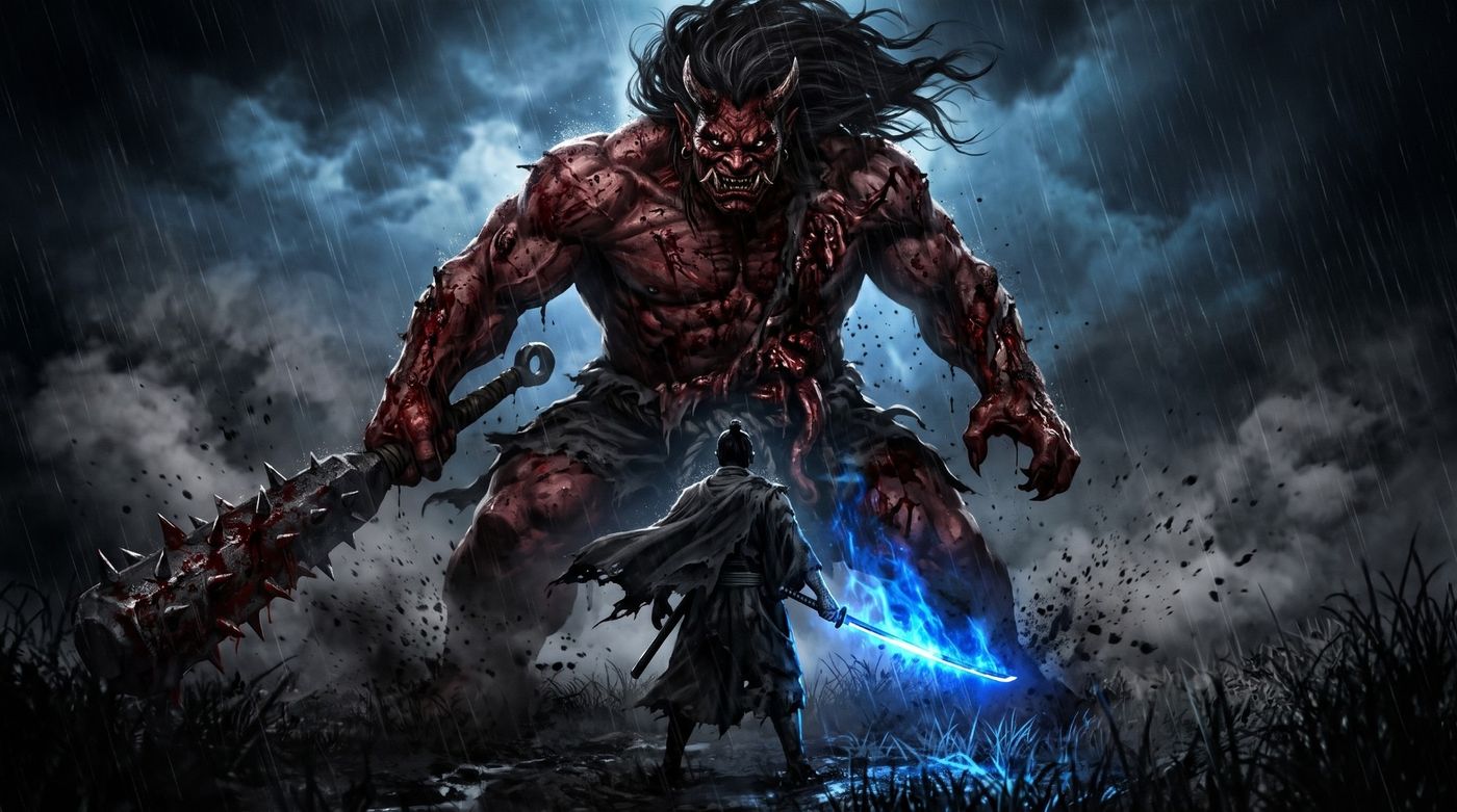 Un samurái con una katana de fuego azul planta cara a un oni gigante bajo la lluvia
