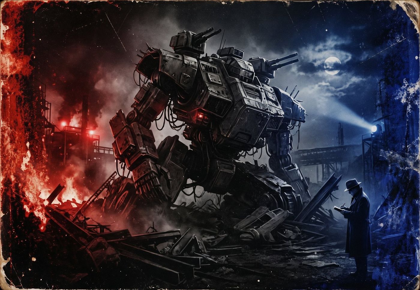 Un mecha gigante y una figura diminuta