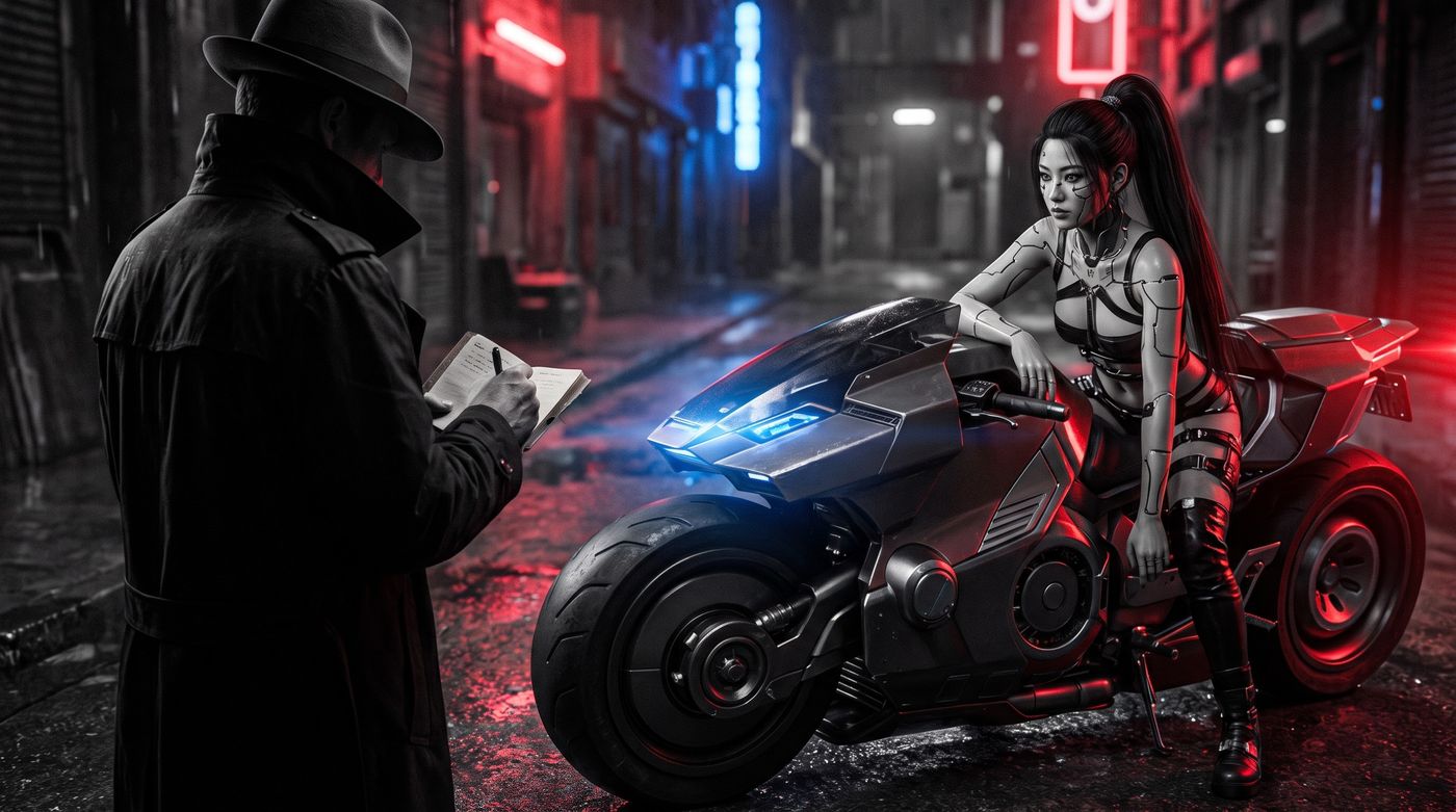 Viper, sentada en su moto en un callejón de neón, contesta al hombre del sombrero, que toma notas